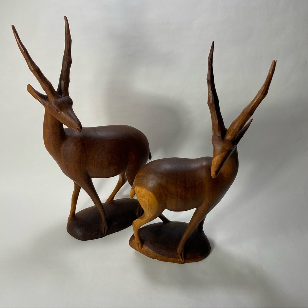 🎉LAST CALL🎉 2 MCM 14" Vintage Hand Carved Wooden Antelope Gazelle Sculptures - Picture 2 of 16